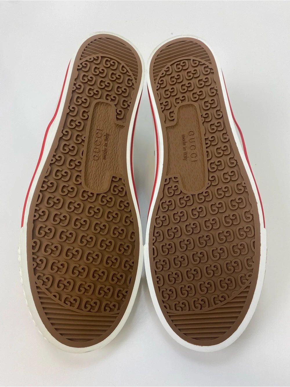 Gucci White Leather Sneakers with Red Trim & Green Lining